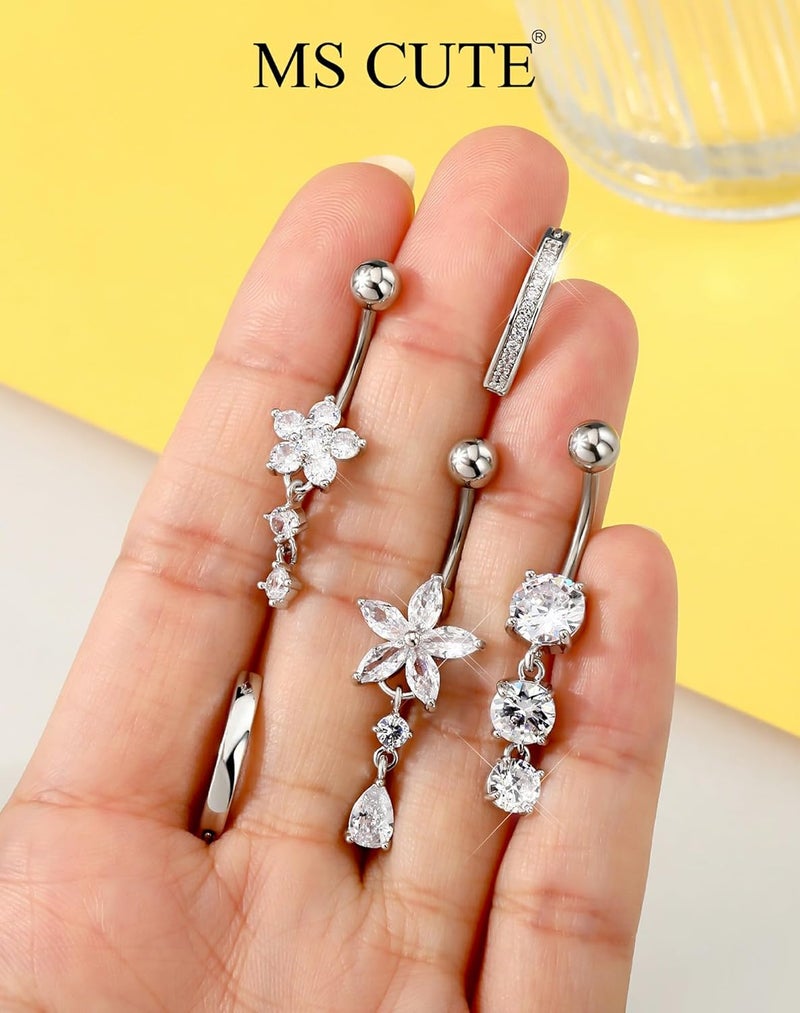 MS CUTE 5PCS Belly Button Rings for Women 14G Dangle Navel Piercing Jewelry Set Surgical Stainless Steel Body Jewelry with CZ Butterfly Flower Teardrop Barbell for Beach Festival Daily - Image 3
